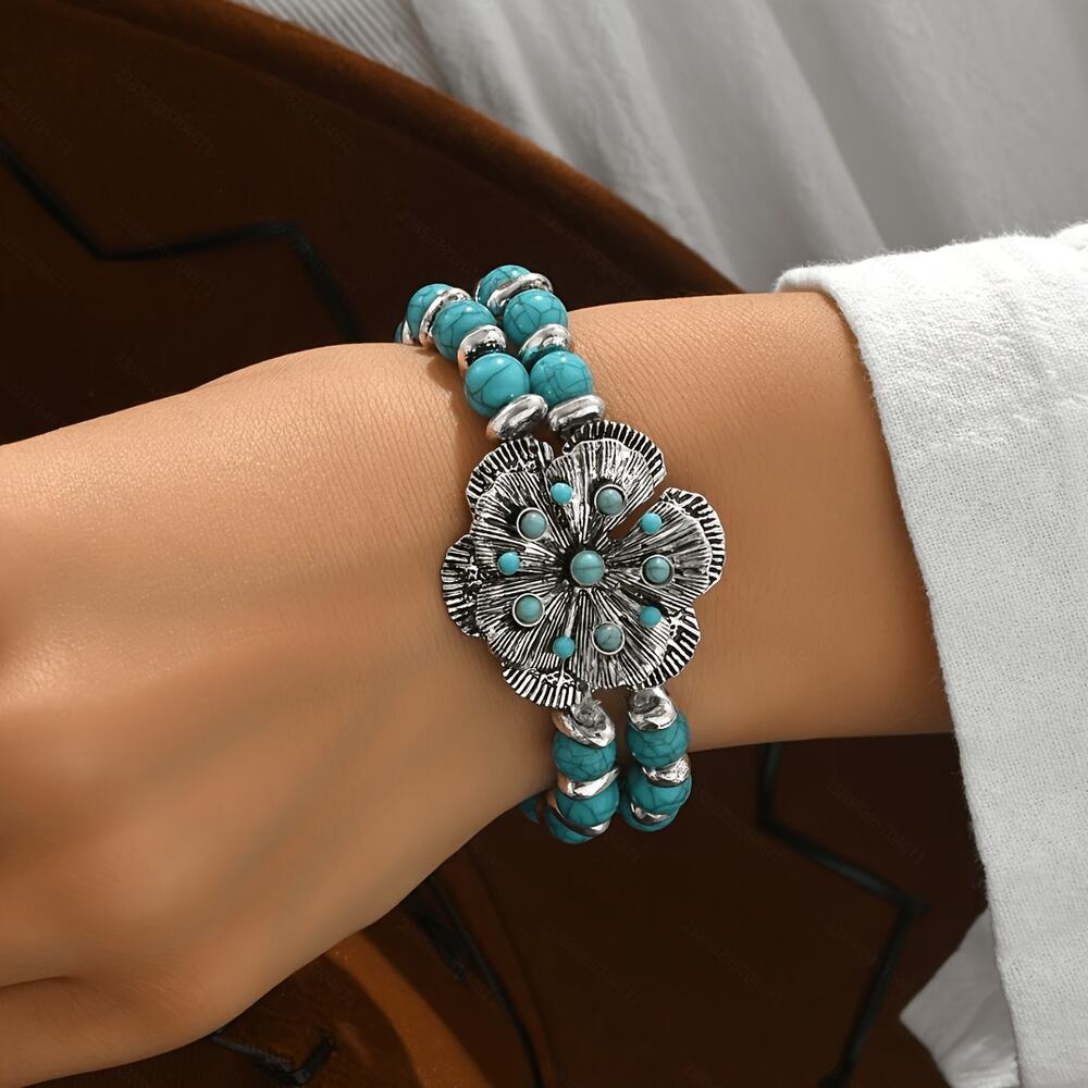 Bohemian Vintage Style Turquoise-Inlaid Flower Bracelet Women's Double-Layer New